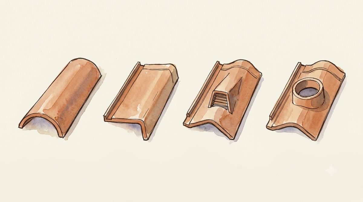 Illustration aquarelle : planche des tuiles accessoires en terre cuite, faîtière, tuile de rive, chatière de ventilation et tuile à douille