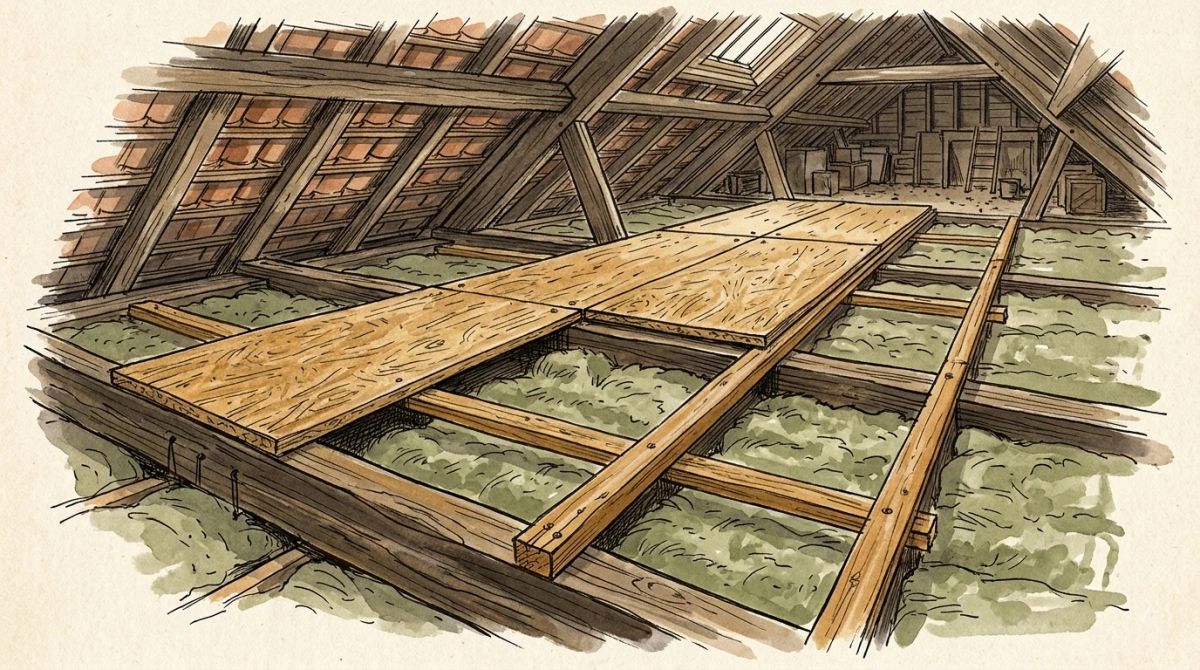 Illustration aquarelle : panneaux d'OSB posés sur des tasseaux vissés en travers des solives dans des combles, laine minérale gardant son épaisseur pleine sous le plancher surélevé, le reste du comble laissé en laine nue