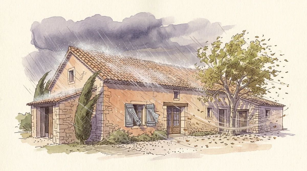 Illustration aquarelle : pluie battante poussée à l'horizontale par le vent contre le versant exposé d'un mas provençal couvert en tuile canal, cyprès couchés dans la même direction