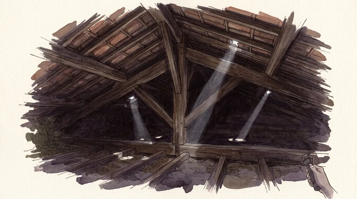 Illustration aquarelle : combles obscurs d'un mas, lampe éteinte, points de jour perçant la couverture et projetant des faisceaux de lumière sur la charpente en chêne