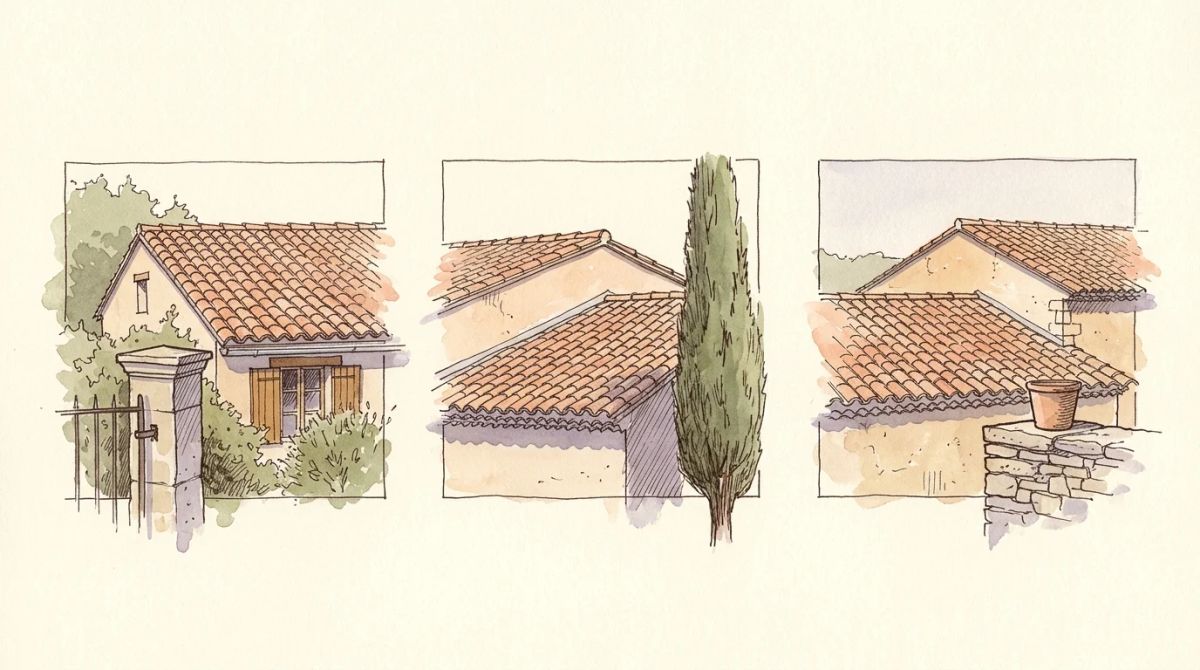 Illustration aquarelle : trois vues de la même toiture en tuile canal prises depuis trois postes fixes du jardin, chacun repéré par un élément du décor au premier plan