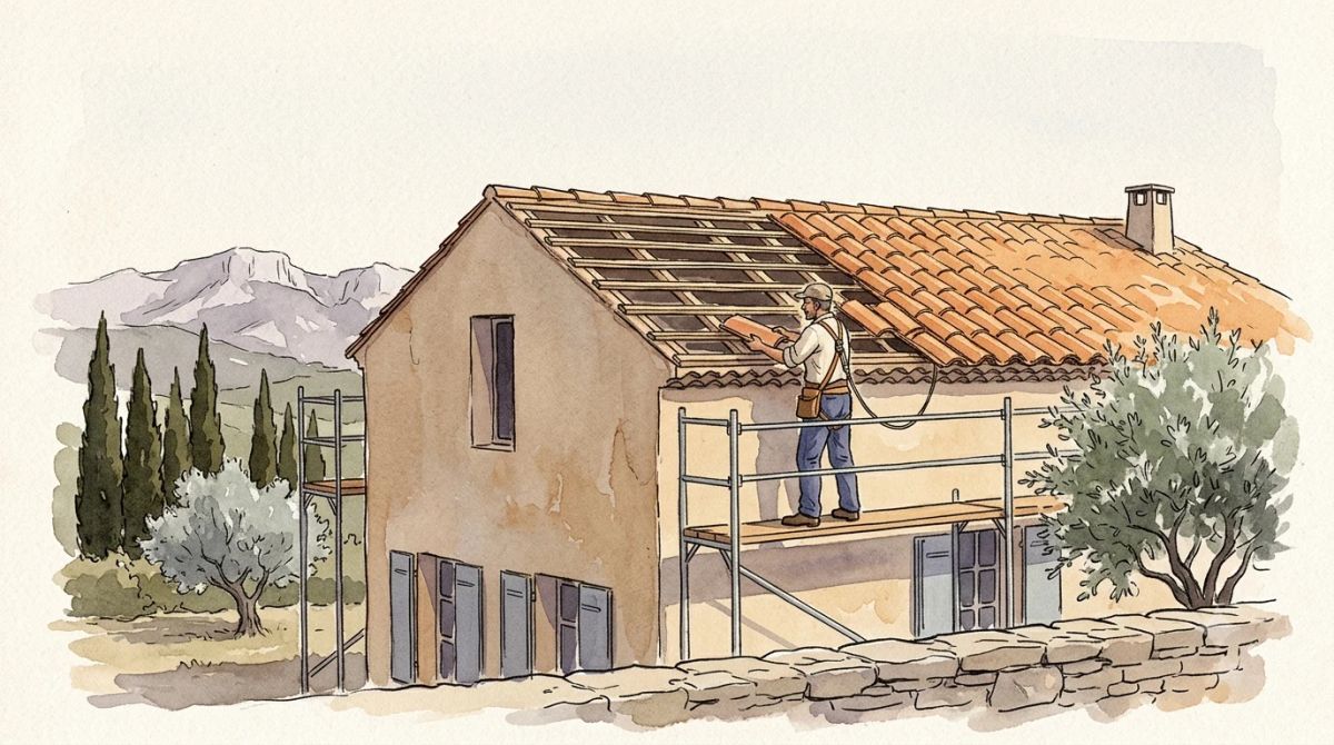 Illustration aquarelle : rénovation d'une toiture en tuile canal sur un mas provençal, versant déposé et versant reposé