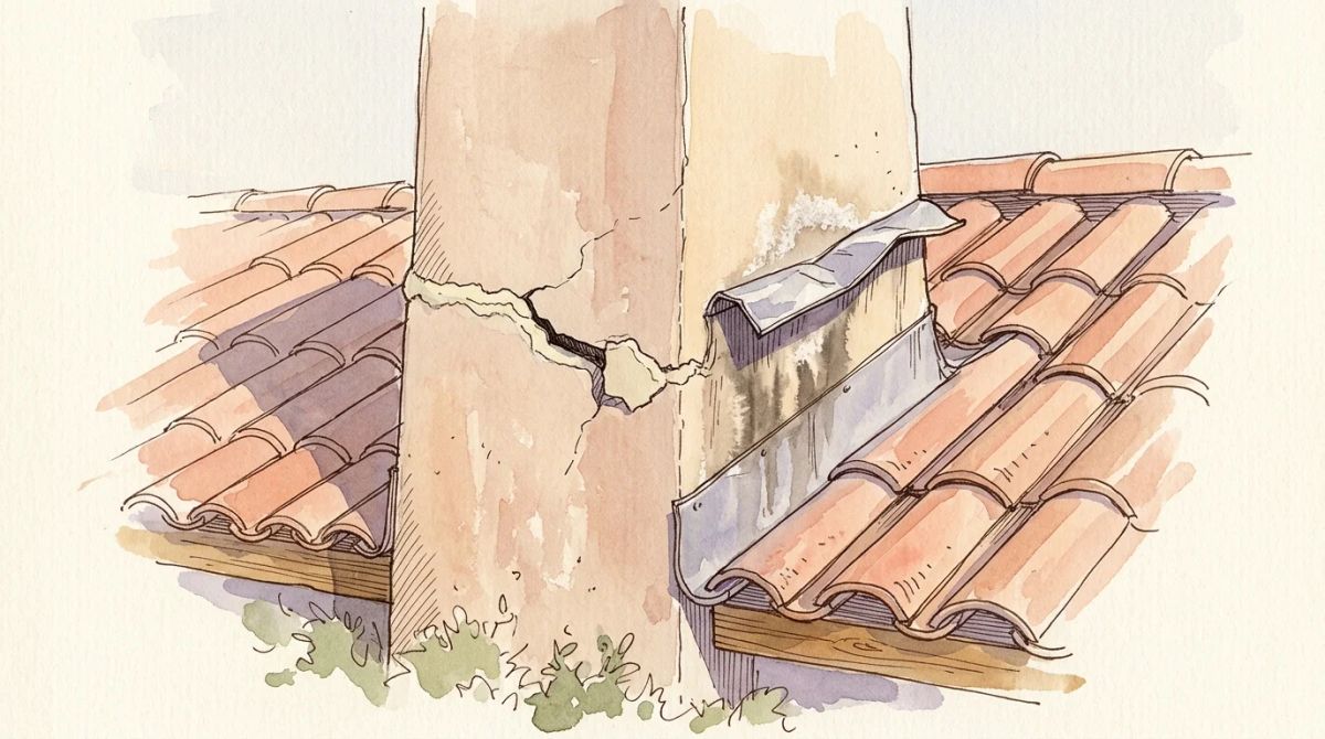 Illustration aquarelle : solin de cheminée sur toiture en tuile canal, mortier fissuré d'un côté et bande de zinc soulevée de l'autre, traces d'humidité sur l'enduit