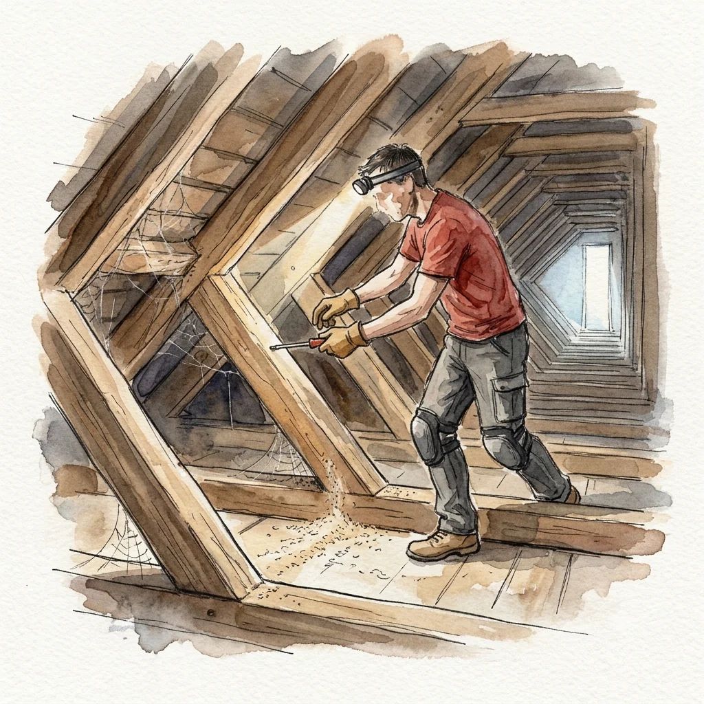 Carpentiere che sonda con la punta i legni di una struttura sotto il tetto, rosume caduto a terra