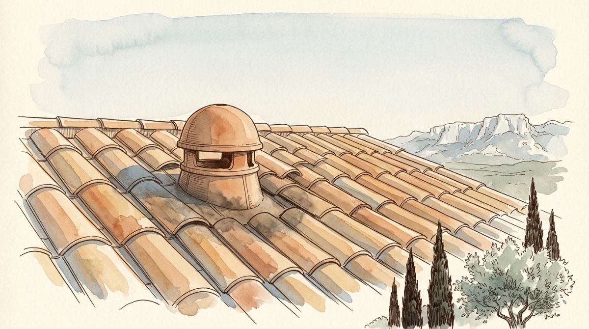 Illustration aquarelle : chapeau de sortie de ventilation intégré à une toiture en tuiles canal d'un mas provençal, léger voile sombre autour de son embase, crête des Alpilles à l'horizon