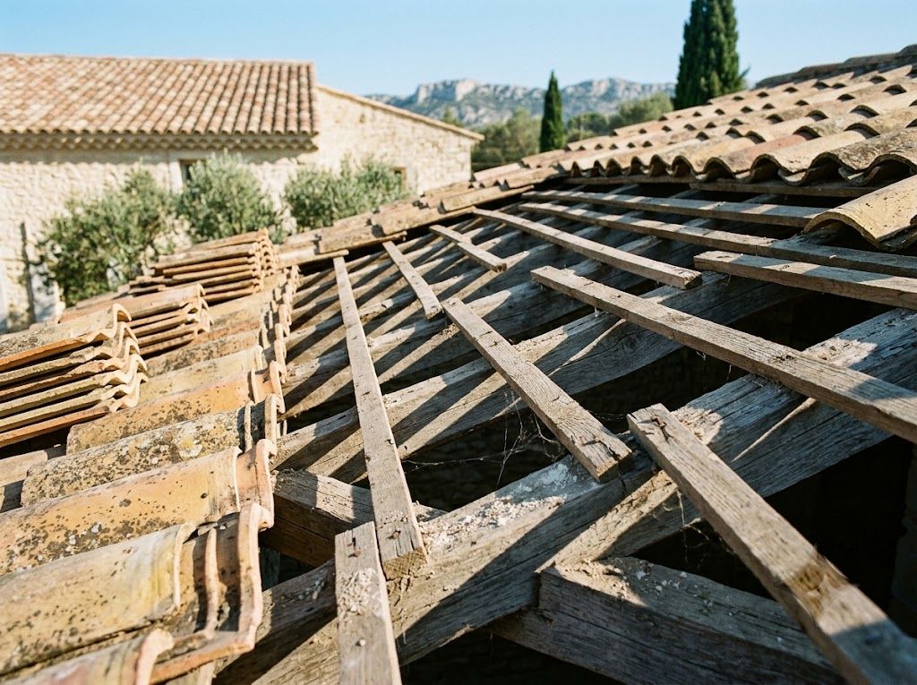 Toiture ancienne déposée jusqu'aux liteaux et à la charpente en chêne lors d'un diagnostic de couverture, dans les Alpilles