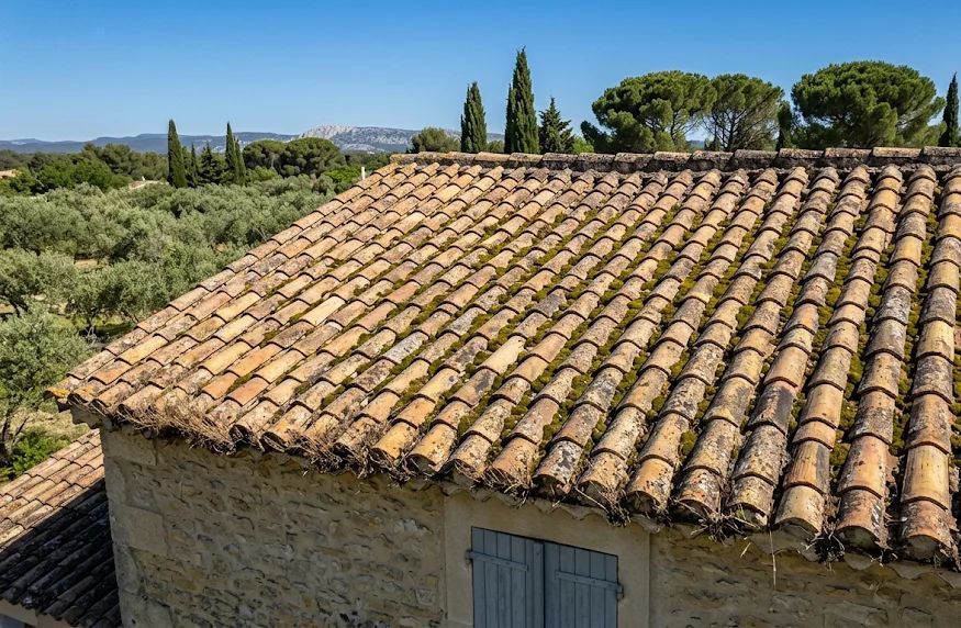 Avant : toiture en tuiles canal couverte de mousse et de lichen, avant démoussage