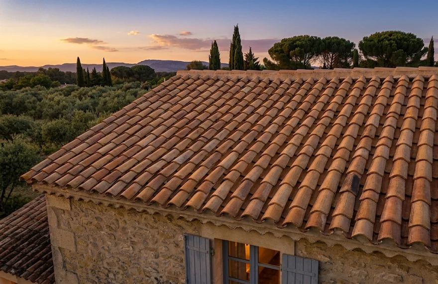 Après : toiture en tuiles canal restaurée d'un mas provençal, sous la lumière dorée du soir dans les Alpilles