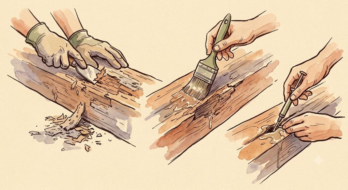 Illustration aquarelle : bûchage de l'aubier vermoulu, injection sous pression et pulvérisation sur une poutre de charpente