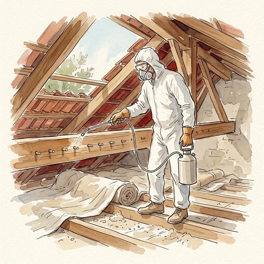 Applicazione di un trattamento curativo del legno con lo spruzzatore, in tuta e maschera, tasselli di iniezione posati nella trave
