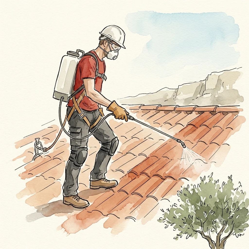 Applicazione con pompa a spalla di un trattamento fungicida e alghicida su un tetto in tuile canal