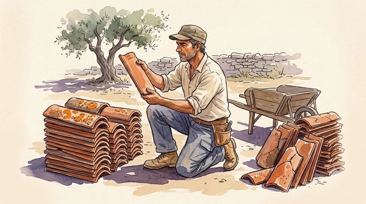 Illustration aquarelle : tri au sol des tuiles canal, tuiles patinées réemployables et tuiles cassées