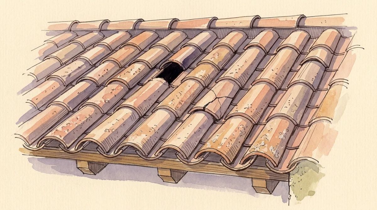 Illustration aquarelle : tuiles canal cassée, glissée et manquante sur une toiture, révélées par la lumière rasante de fin de journée