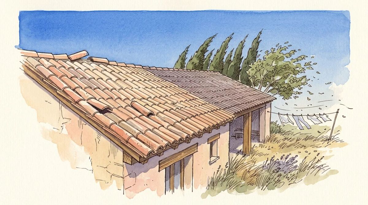 Illustration aquarelle : mas provençal sous le mistral, cyprès couchés par le vent et végétation rabattue dans une seule direction