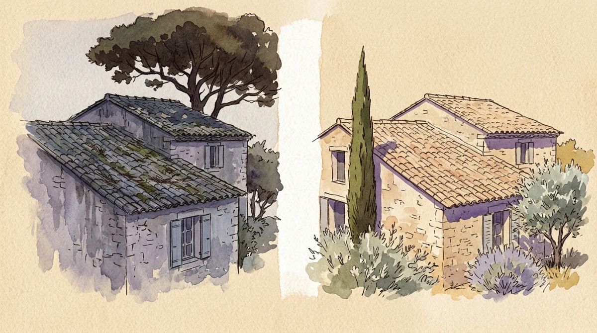 Illustration aquarelle : versant nord ombragé et humide face au versant sud ensoleillé et sec sur la même toiture en tuile canal