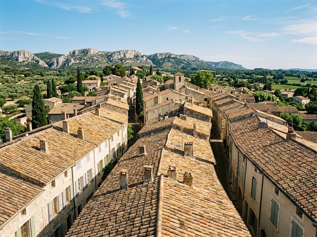 Vue aérienne sur les toits en tuiles canal patinées d'un village des Alpilles, au pied du massif