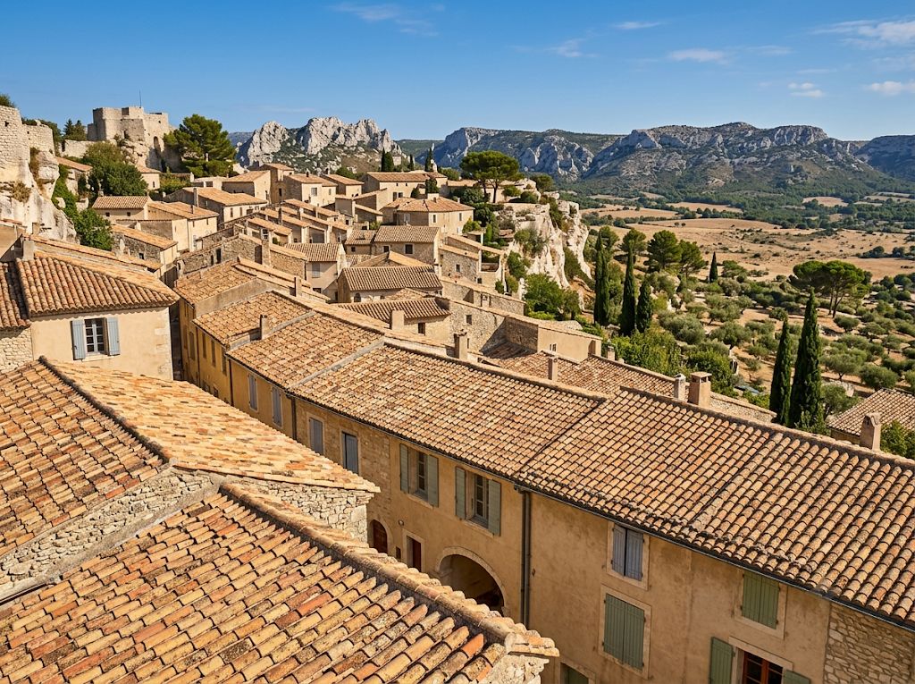 Village provençal perché en pierre aux toits de tuiles canal, dominant la vallée et le massif des Alpilles