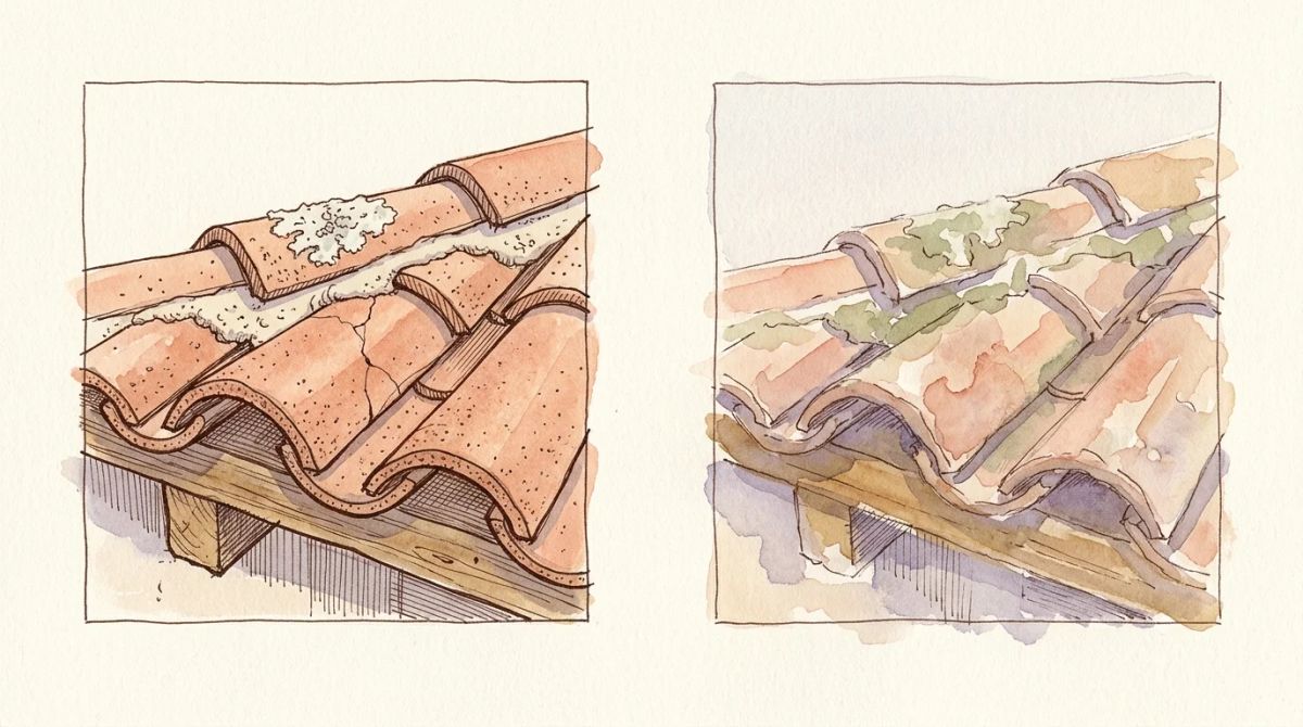 Illustration aquarelle : comparaison d'un même détail de toiture en tuile canal, net d'un côté et dégradé de l'autre